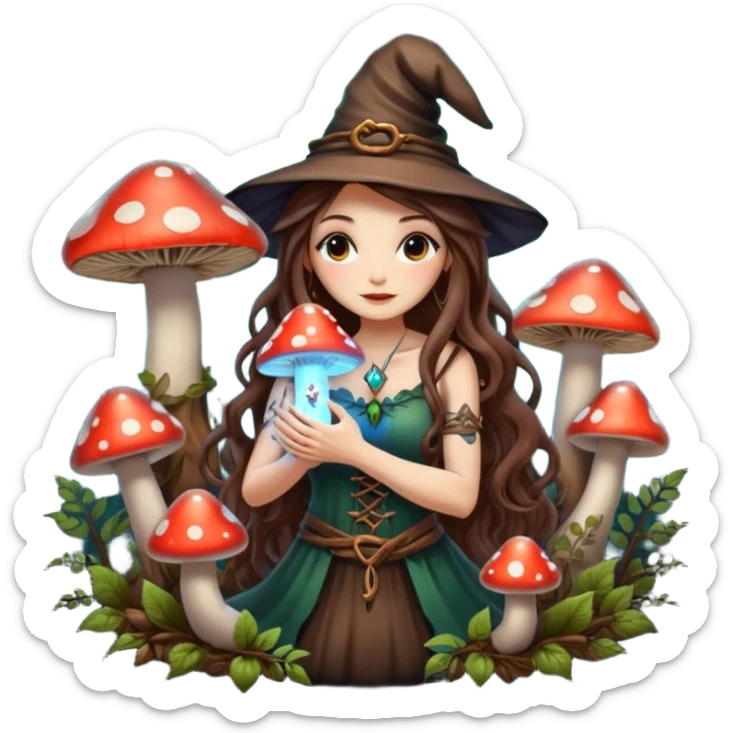 cute forest witch woman long wavy brown hair tattoos hugging glowing mushroom sticker