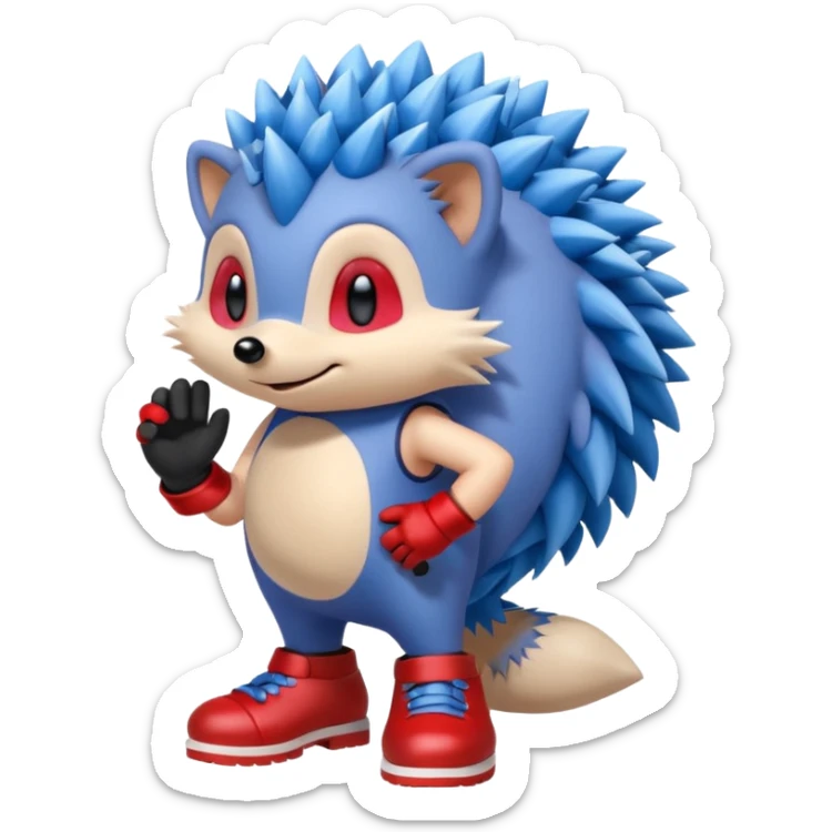 a blue hedgehog that has arms and legs with a tan chest fur, and some gloves and red and white shoes sticker