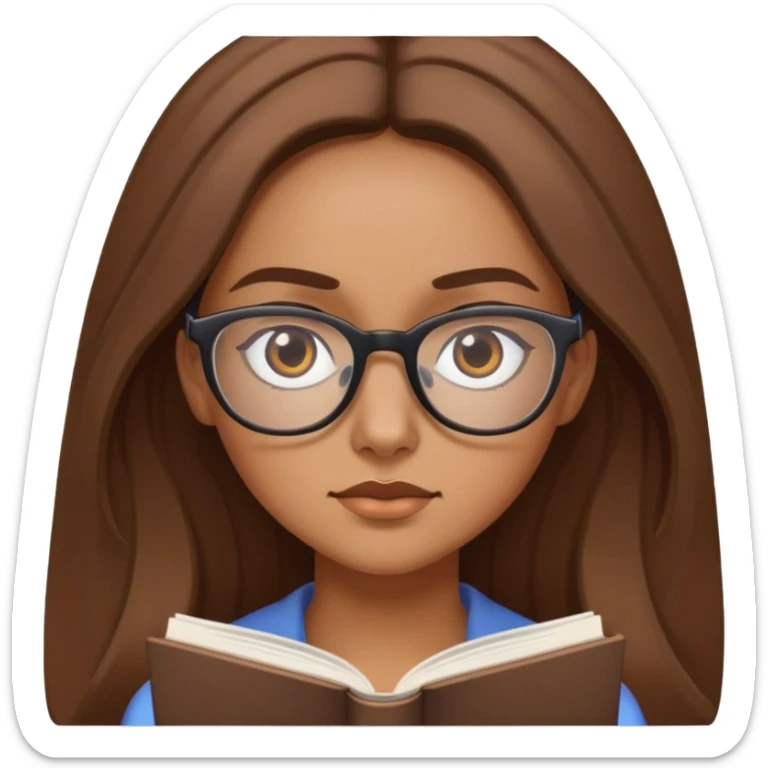 A white yet kind of tanned girl with long brown hair wearing reading glasses focousing  sticker