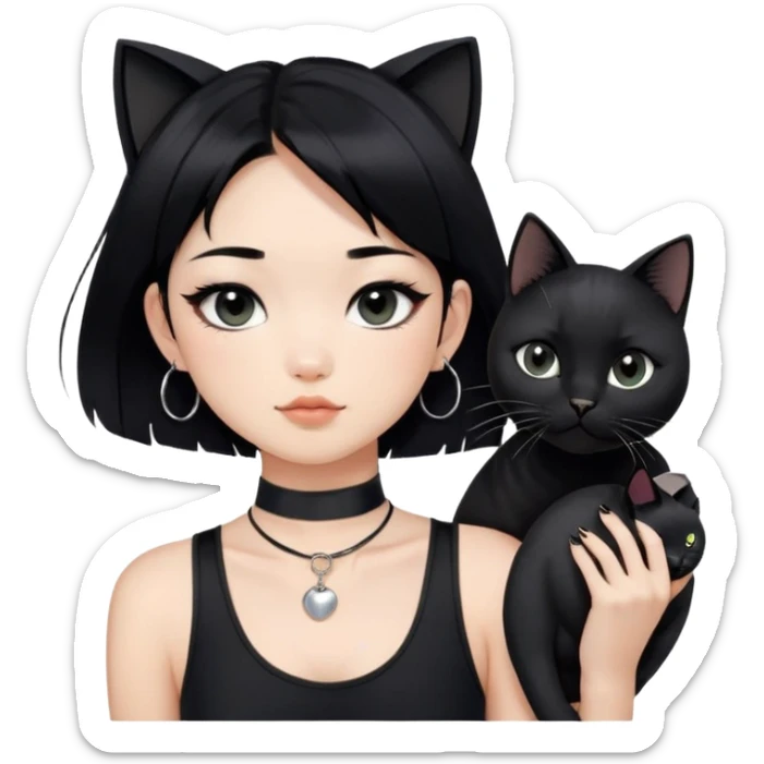 Asian cool girl, black hair.  Holding two BLACK cats. one cat has a round fat face, the other one has a slightly slimmer face. Both pure black.  The girl also wearing a black singlet, a black chocker, silver round hook earring, and wearing eyeliner.  sticker