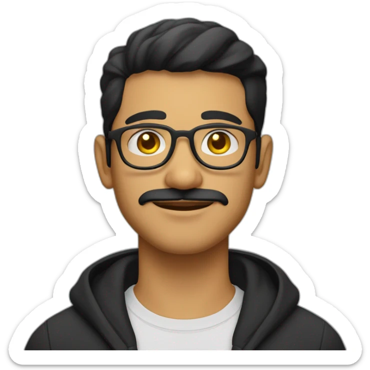 a light skin Pakistani man, wearing round glasses, short moustache, black hair, black jumper/sweater, structured manly face, yellow brimless cap sticker