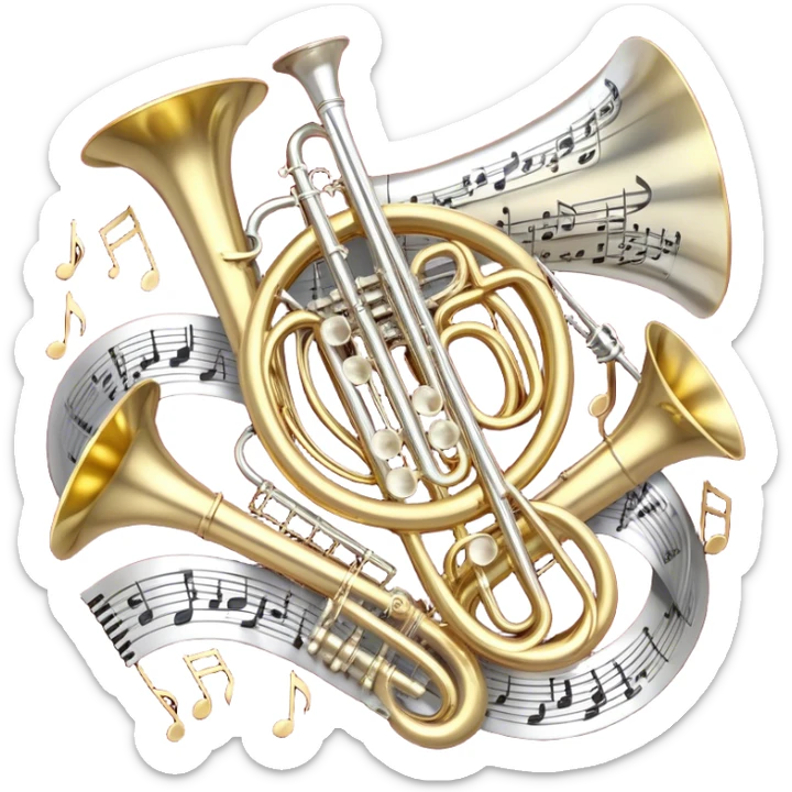 Create a festive and elegant emoji collage featuring a bouquet or fan of bells of wind instrument  (trumpets, saxophones, trombones, tubes, etc.) arranged in a radiant, symmetrical pattern. The instruments should have polished, golden and silver finishes, with their large, shiny bells forming a beautiful, fan-like display. Include a flowing ribbon of musical notes swirling through the center, conveying movement and melody. The background should feature a deep red velvet texture, adding a touch of luxury and sophistication. The overall composition should be balanced, with an elegant and regal feel, with a transparent background to keep focus on the instruments and musical elements. sticker