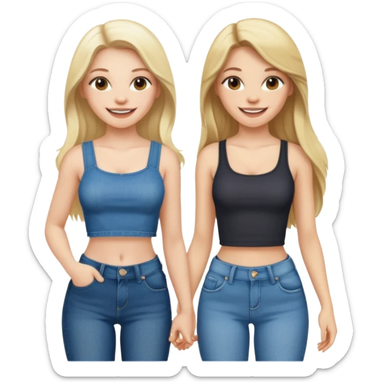 a long hair brunette pale girl and a blonde girl in jeans and crop tops smiling friends sticker