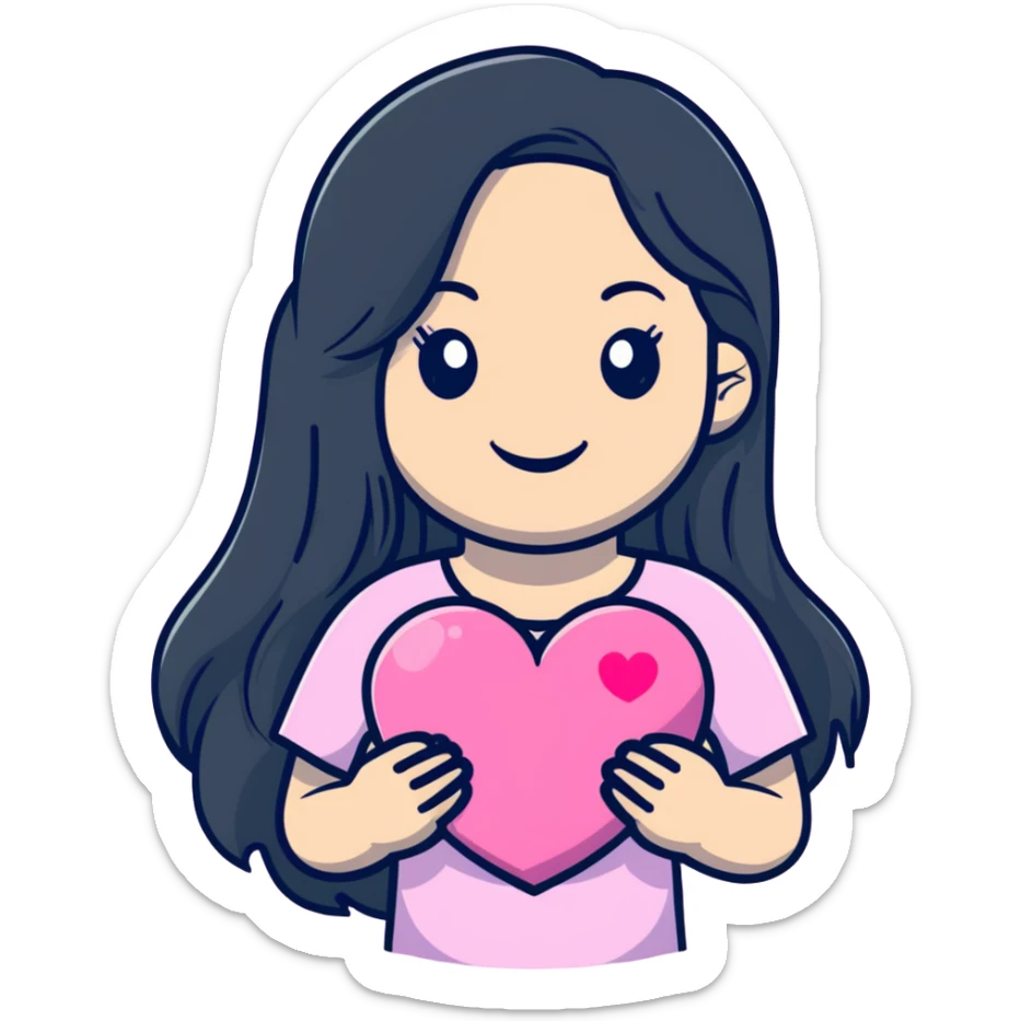 a black girl with long hair hols a pink heart with a smile sticker