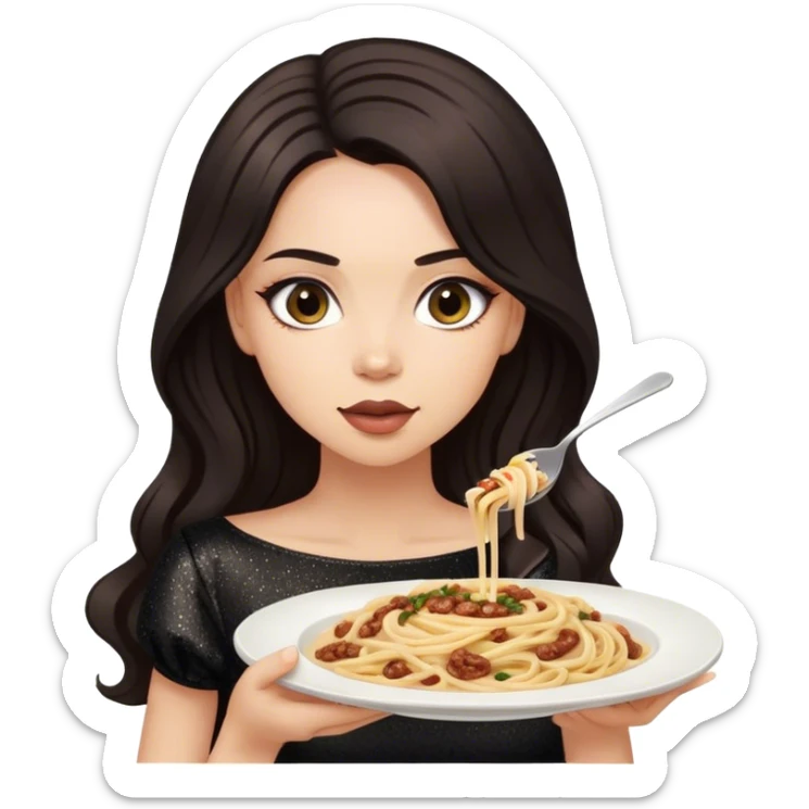 Beautiful woman in 1950’s woman fashion look, black shimmery dress, long dark brown hair, Carbonara sticker