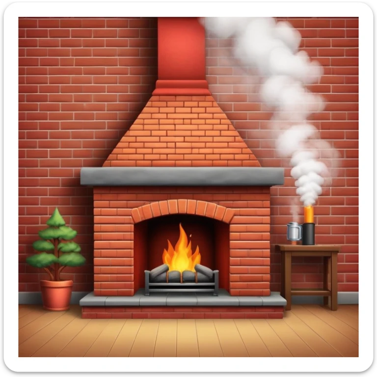 cozy red brick fireplace with a tall chimney and smoke rising from the chimney sticker