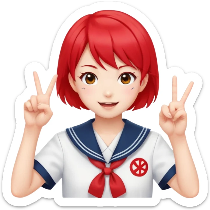 Energetic anime girl with short bright red hair wearing Japanese sailor style school uniform, winking and making double peace signs, very cheerful and bubbly, kawaii style sticker