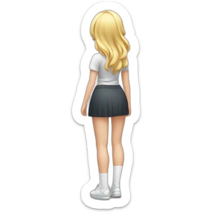 full body back view curvy caucasian beauty in small skirt lifted by the wind butt white socks sticker