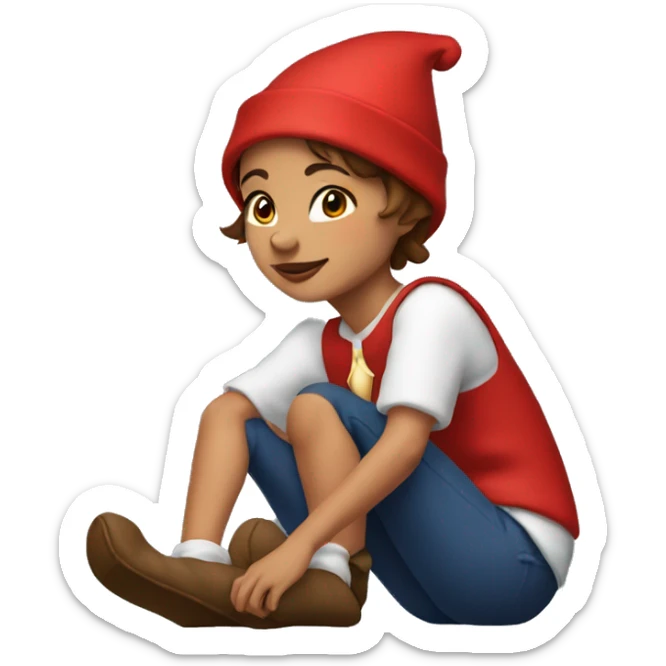 Girl with  brown short hair in red elf hat in a sitting knees up holding her knees  sticker