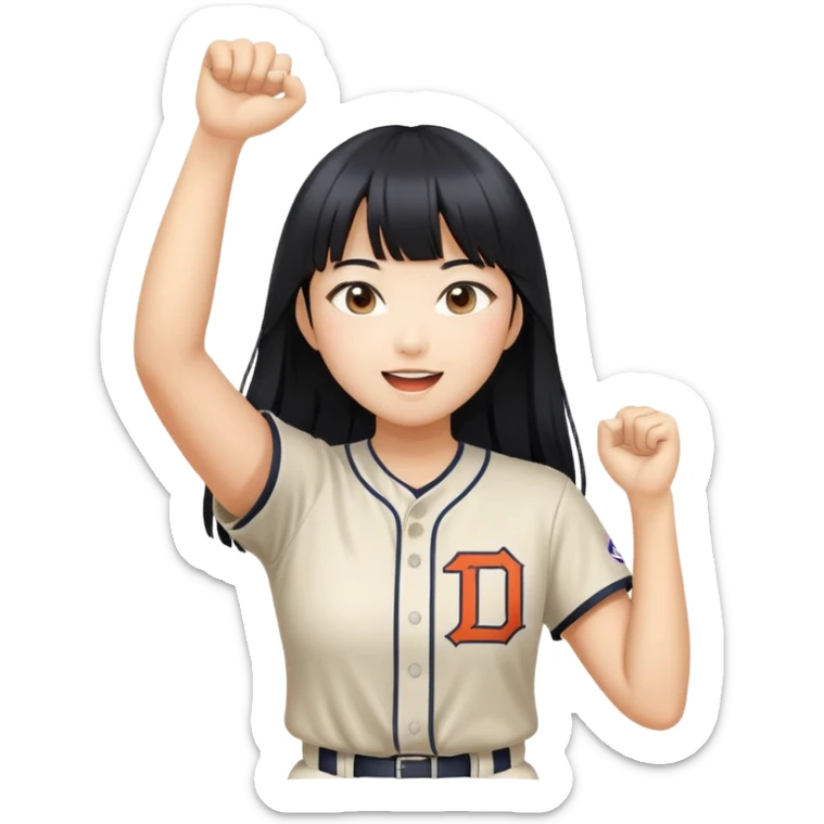 Asian woman with long black straight hair with bangs cheering for Doosan Bears baseball team sticker