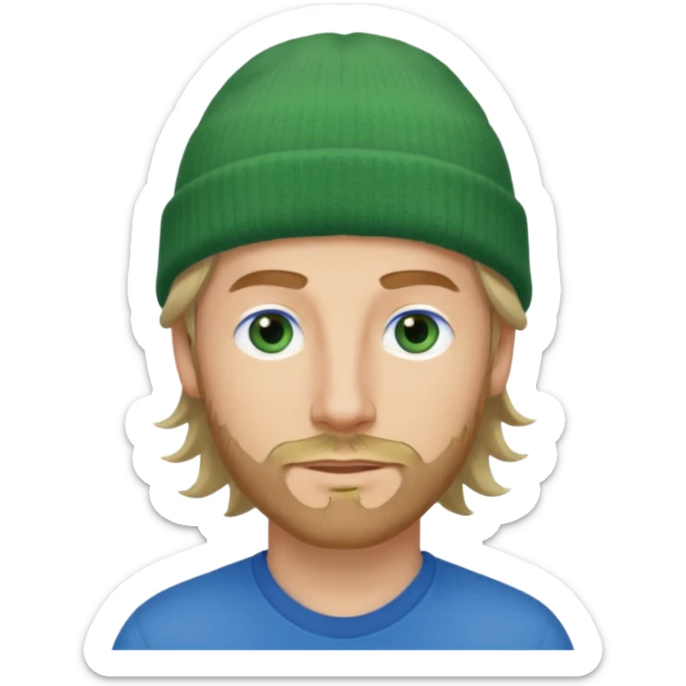 white man, mid thirties, blue eyes, mid length wavy hair, green beanie hat, stubble, face only sticker