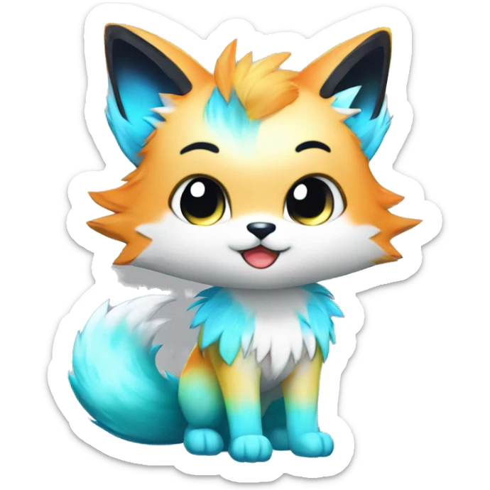 a colorful shiny sparkle-furry fur-sona kemono-style-chibi-style cat-fox-Fakémon-hybrid full body sticker