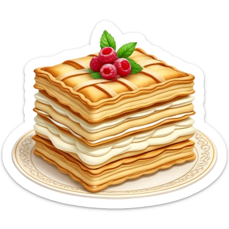Mille-feuille Cinematic Realistic Mille-Feuille Dessert Emoji, depicted as a delicate pastry composed of two crisp layers of puff pastry with a rich cream filling, rendered with intricate textures and elegant, soft lighting. sticker