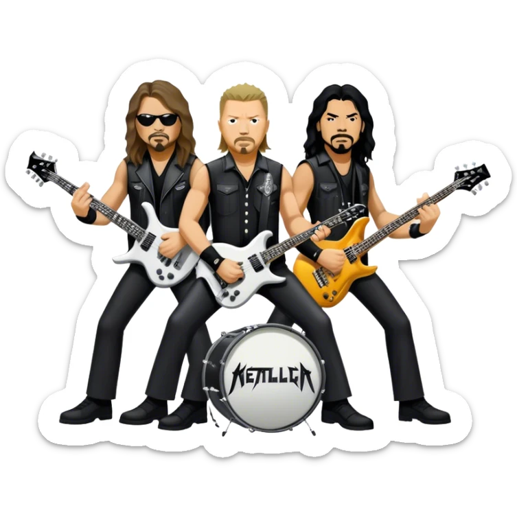 Icon for Metal Music: Metallica band members detailed in their signature look. James Hetfield with guitar, Lars Ulrich on drums, Kirk Hammett with his electric guitar, and Robert Trujillo playing bass. Bold, energetic style with musical notes, all in a heavy metal aesthetic. Transparent background. sticker