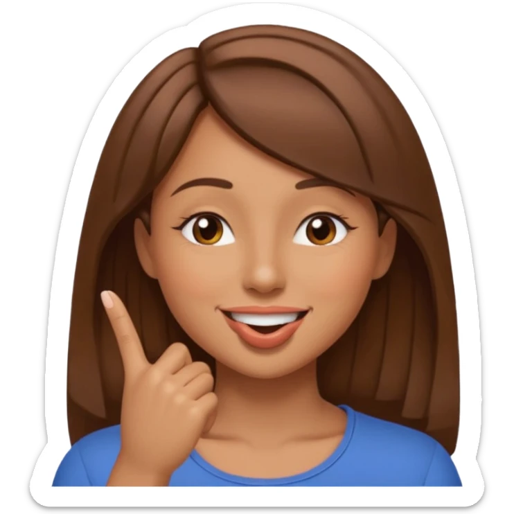 una mujer con un dedo en boca sonriendo y lps ojos en forma medio cerrados creando una curva de sonrisa pelo castaño sticker