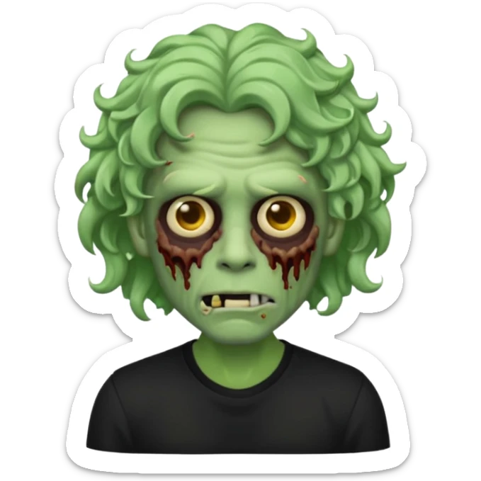Emoji masculino de zumbi estilo iPhone,com cabelo ondulado grande, camisa preta e brincos sticker