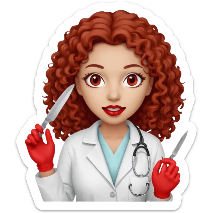 0Scary woman scalpel in hand, evil surgeon sexy surgeon clothes.  She has red eyes. Her  brown long curly hair. Wears sexy doctor outfit with red gloves. make her hair free and brown but she  wear mouth cover   to hide. Wears white surgeon jacket and  only   death long , long beown hair  sticker