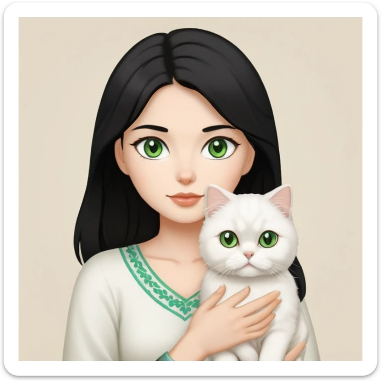 a middle length, black haired woman holding a white persian cat with green eyes sticker