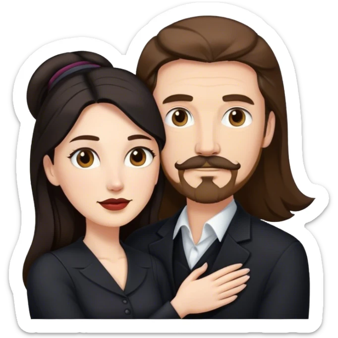 tall white man with brown hair goatee mustache embracing a pale woman with long black hair, wearing elegant clothing sticker