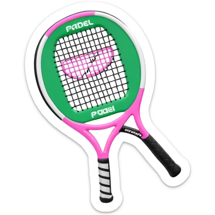 green padel racquet
with white frame
black grip
with a pink "p" in the middle
"padel in action academy" in white on top sticker
