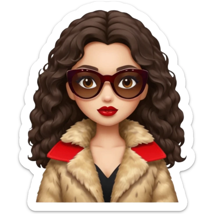 generate a pretty fair bratz girl with dark brown eyes, dark brown wavy hair, beige fur coat, black sunglasses, red lipstick. RICH sticker