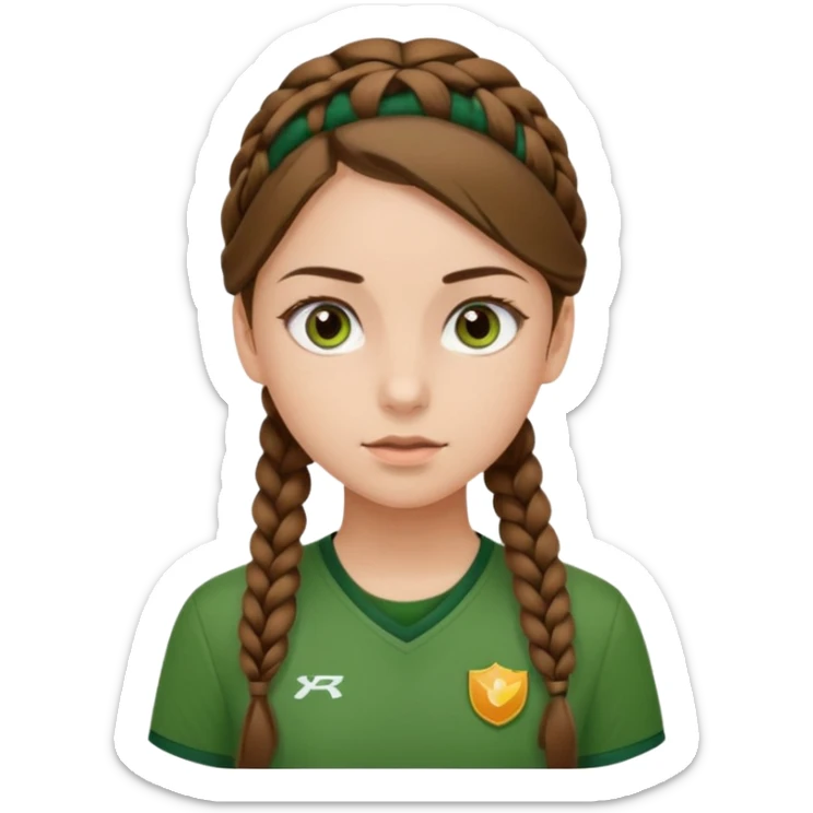 Kahverengi at kuyruklu ışıltılı bir örgülü kahverengi gözlü yeşil formalı içine yeşil atletli çekik gözlü bir kız sticker