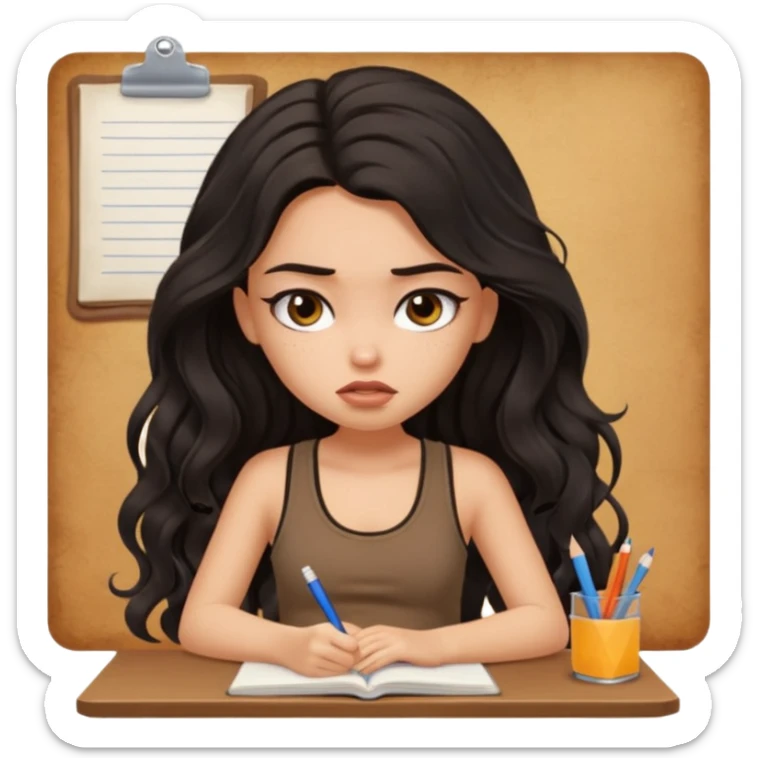 a pretty bratz light dusky girl with long wavy black hair in a brown tank top studying and lookinh tired sticker