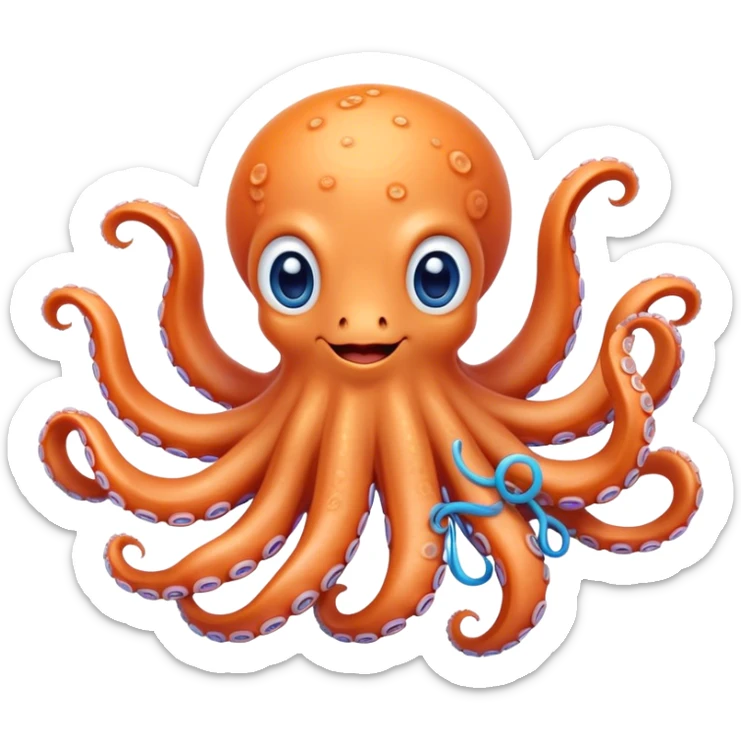 Cinematic Cute smiling Octopus Portrait Emoji, Head tilted playfully and inquisitively, featuring a rounded, light orange body embellished with playful blue rings, eight adorably curling arms, and big, twinkling eyes full of wonder, Simplified yet irresistibly adorable features, highly detailed, glowing with a warm, inviting underwater glow, high shine, affectionate and lively, stylized with a touch of whimsical cartoon charm, soft glowing outline, capturing the essence of a mischievous yet loving octopus that seems as if it could bob out of the screen into your arms! sticker