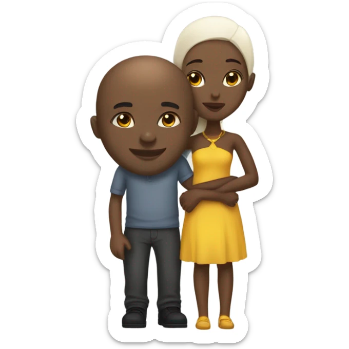 African  girl dark hair kissing white bald man sticker