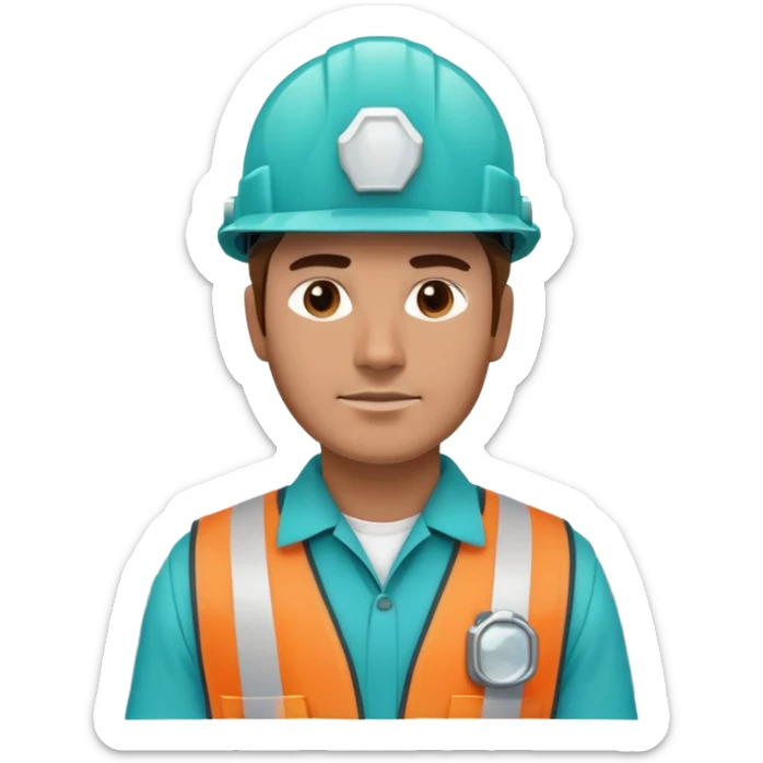 Male oil rig worker in uniform and safety helmet, cool tones with sky blue, teal green, white, and light gray sticker