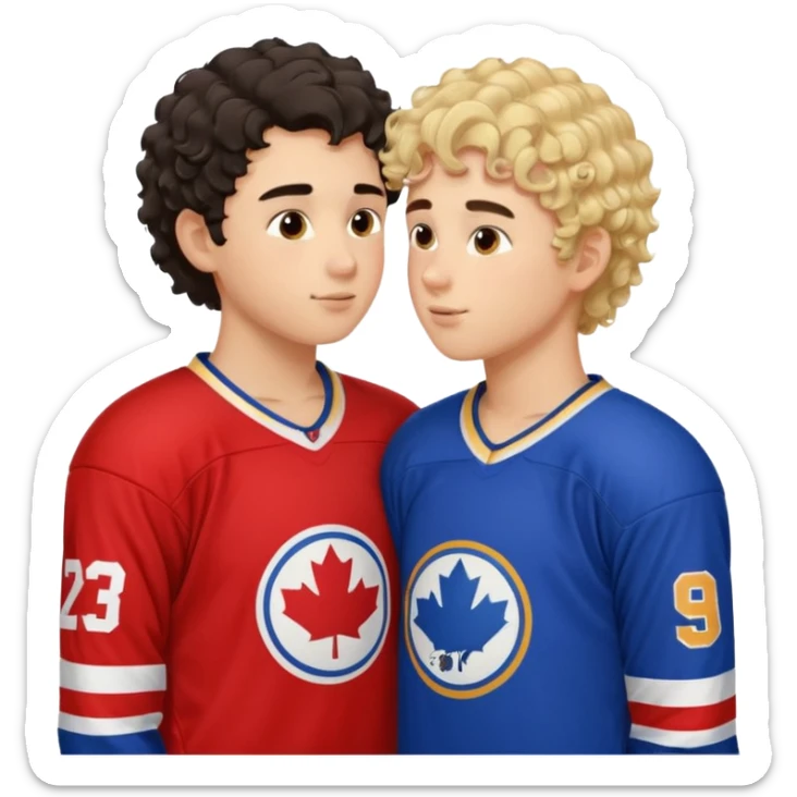 Dark hair boy hockey player kissing curly hair blonde hockey player boy sticker