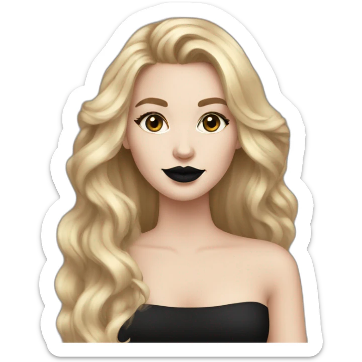 white girl with gold hoop earrings wearing black dress and long hair black lipstick sticker