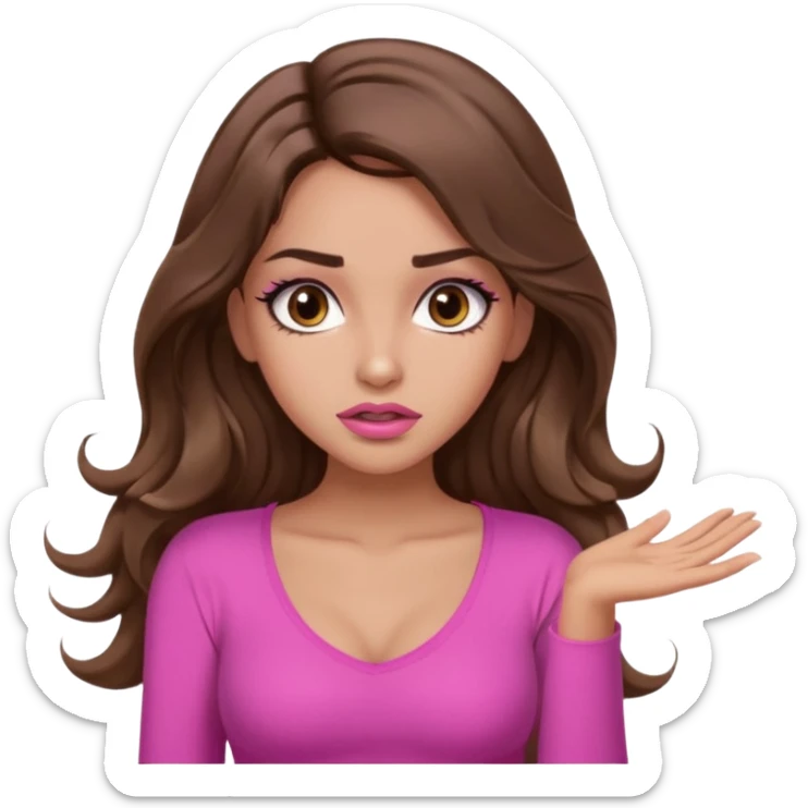 girl with long wavy brown hair, brown eyes, long lashes makeup, sexy pink lips, light to medium complexion, pink sexy top, shrugging with both hands, confused sticker