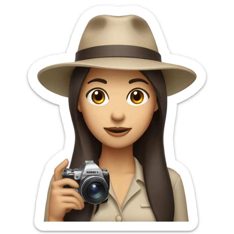 A woman with dark brown hair and a beige hat, winking with one eye and holding camera sticker
