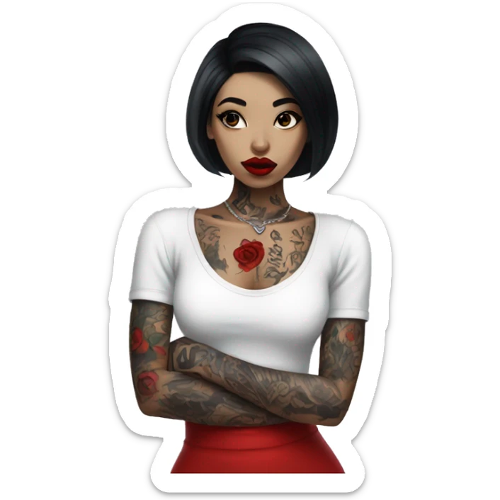 Pale black haired girl with black tattoos on body wearing red lipstick  sticker