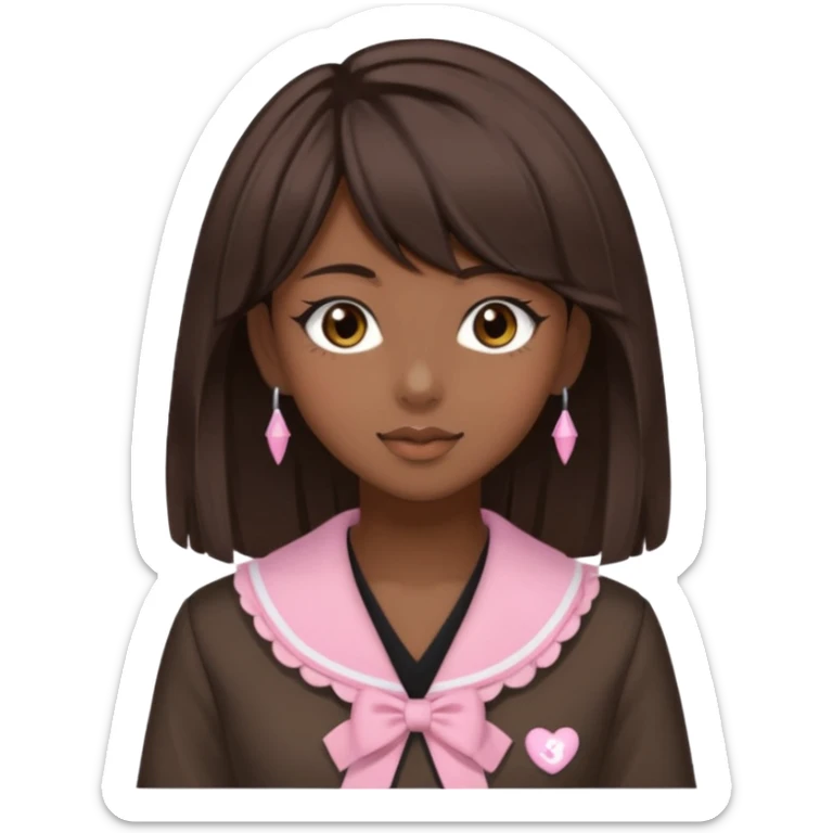 Dark skin, light skin, brown eyes, medium dark brown hair, side bangs, and wears a gyaru outfit  sticker