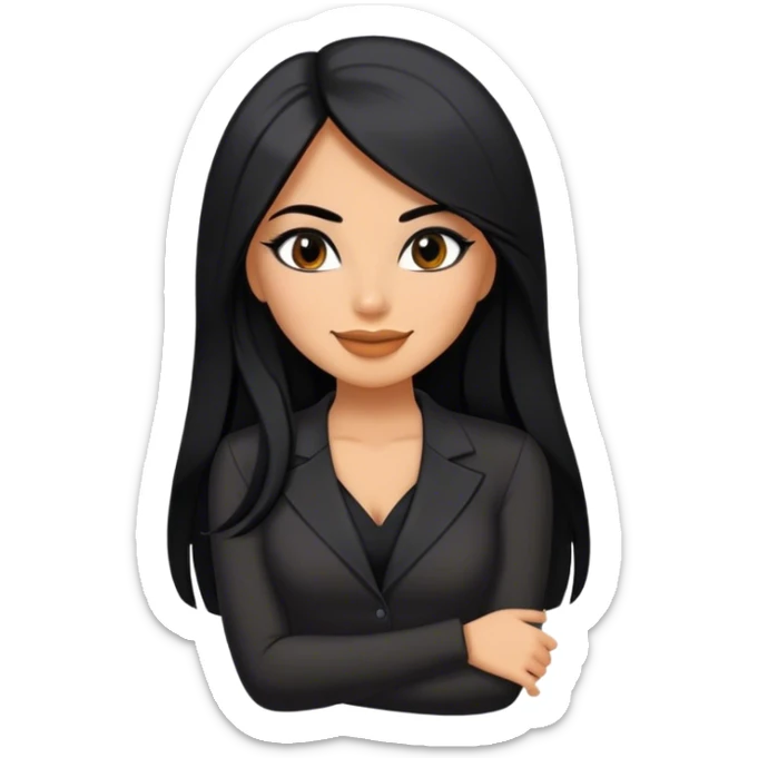 beautiful woman boss, with long straight black hair, with make up, black eye liner, smile, mexican, brown skin, wearing beautiful sexy black outfit, she’s shy sticker