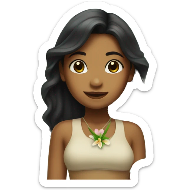 Brown Island girl with long black hair and a plumeria flower sticker