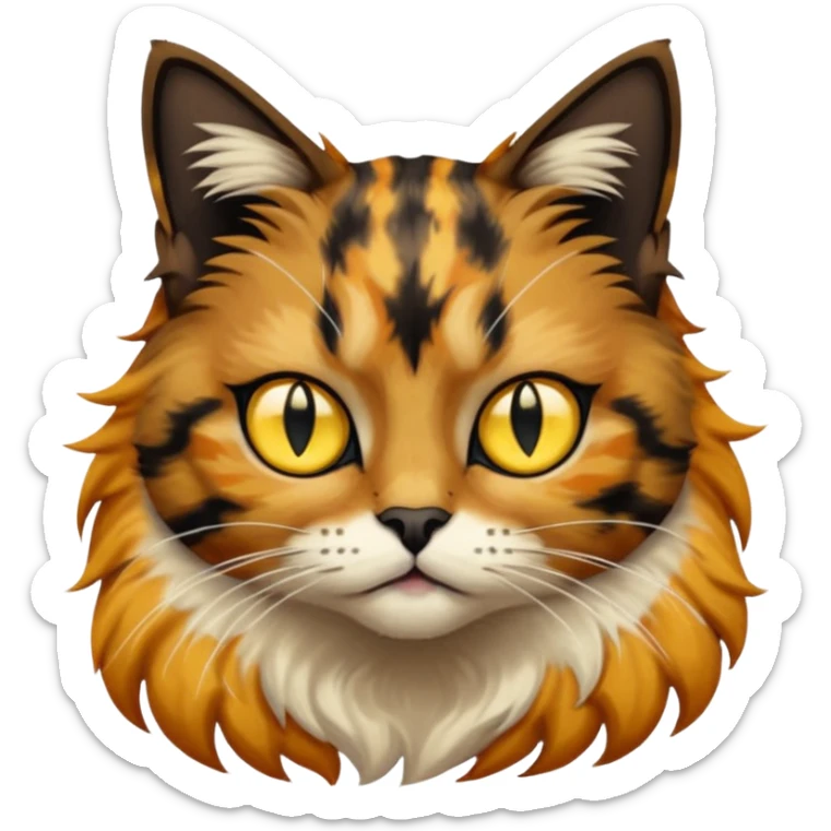 long hair tortoiseshell cat with a black face and yellow lightning mark above left eye sticker