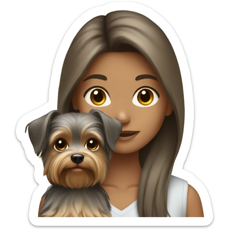 Brunette long hair light tan girl with beige and gray yorkie puppy sticker