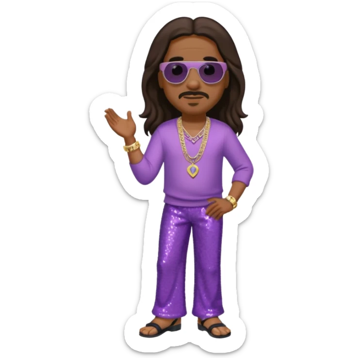 Stevie Wonder with long dark brown hair, lilac sequin baggy pants, shirtless with necklace sticker