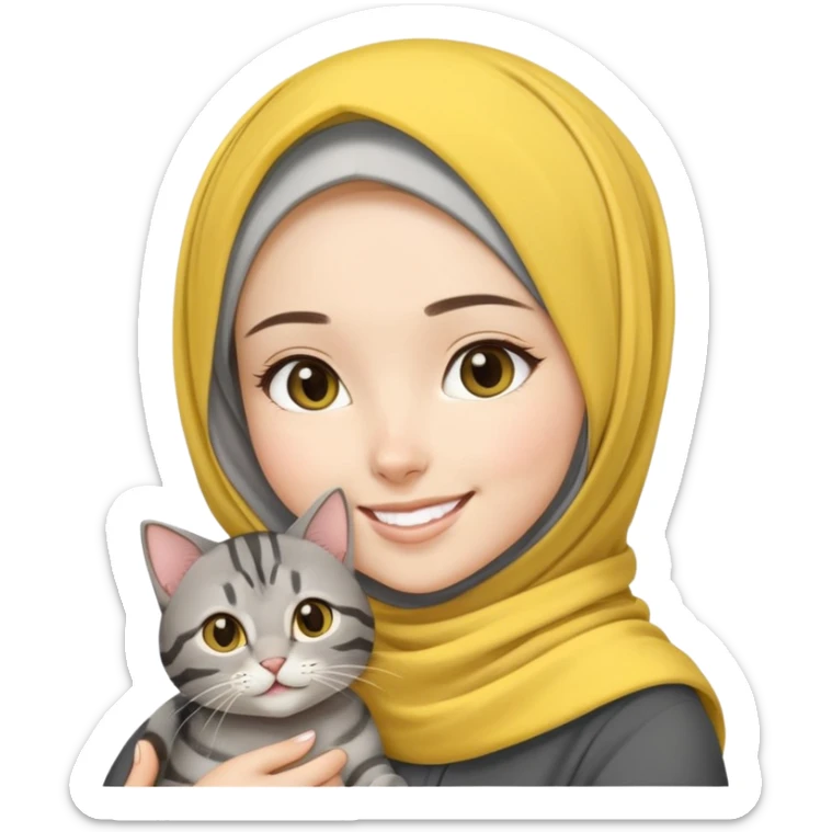 Asian White girl wearing pretty yellow hijab holding a black grey tabby cat while smiling sticker