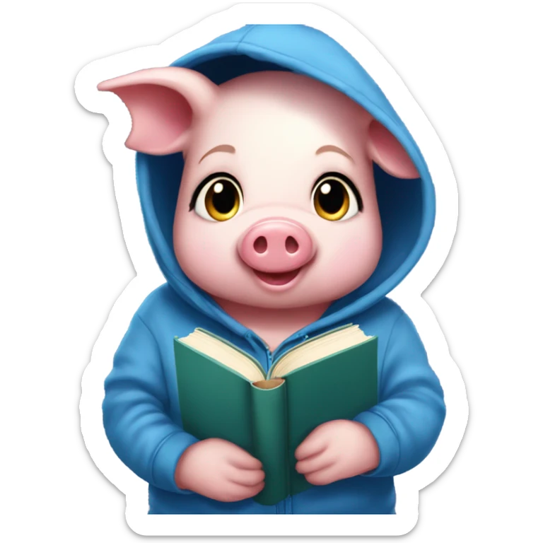 Cute girly pig sprite wearing a blue hoodie with books on it, reading the book “Little Women”. sticker