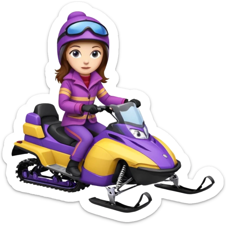 Brown hair, very blue eyes, Woman wearing a Very red coat  on purple and yellow striped snowmobile sticker