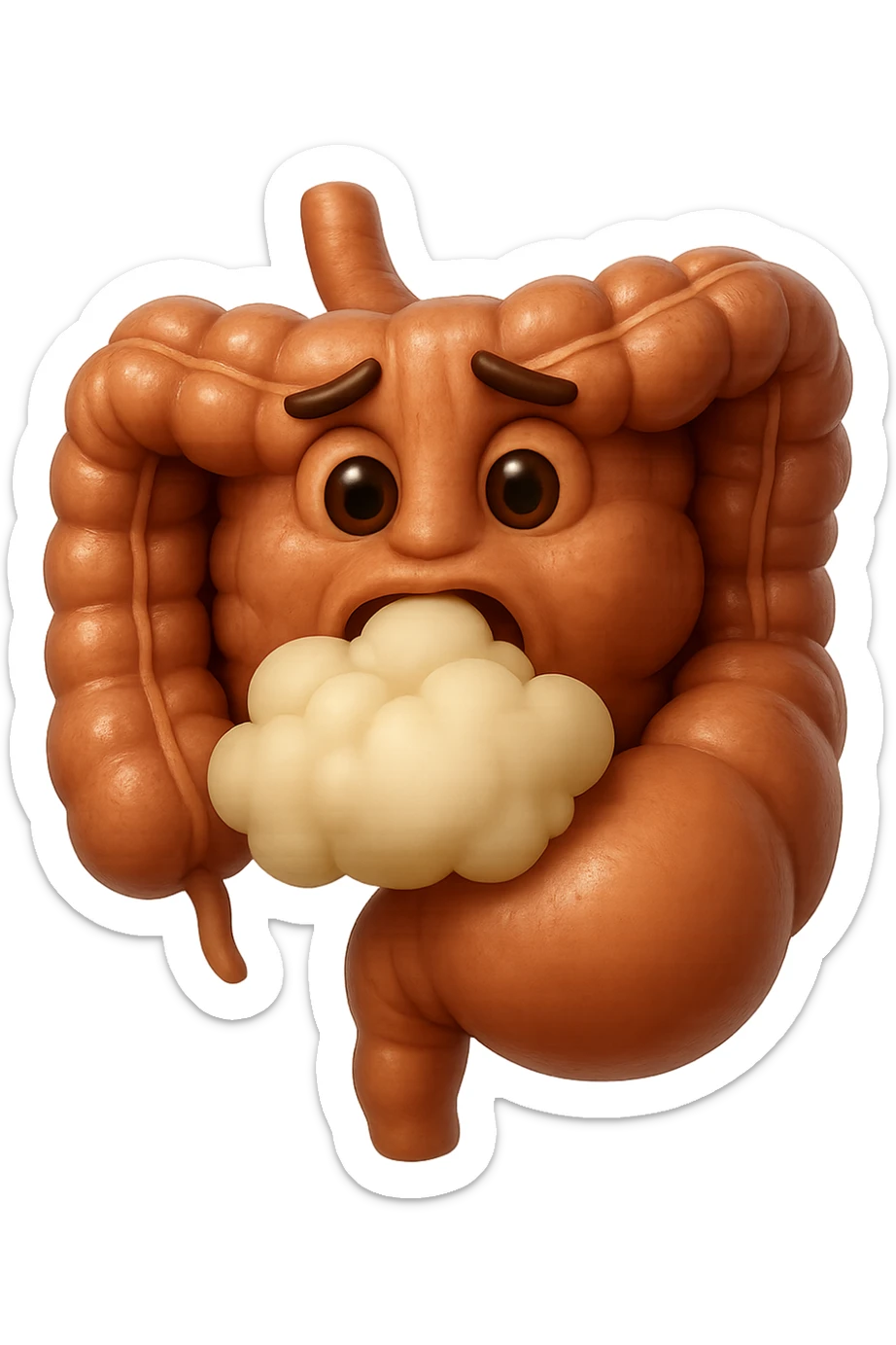 emoji stile iphone di un intestino che ingoia una nuvoletta di aria ben visibile e gli si gonfia la pancia, non fargli il naso, iperrealistico 4k sticker