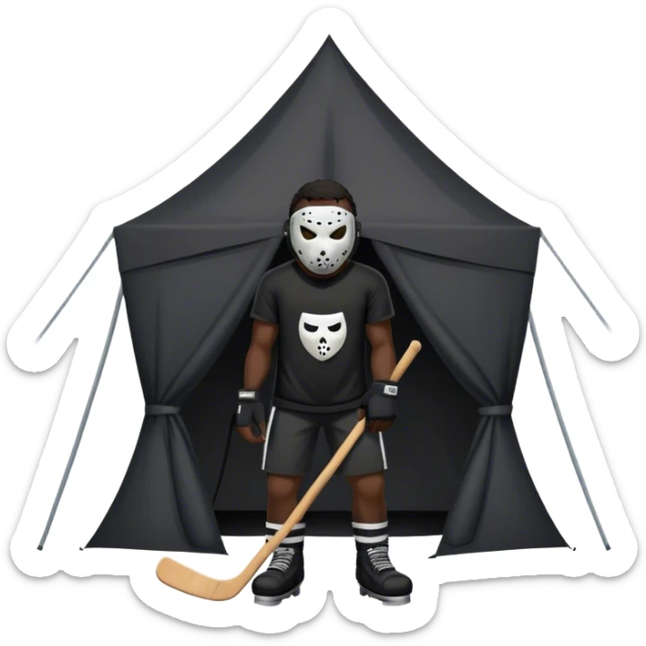 dark skinned black man standing in front of tent wearing a black t shirt with a scary hockey mask sticker