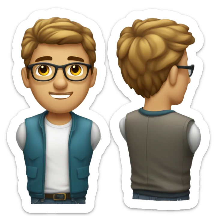 Hombre joven moderno pelo corto castaño y ropa juvenil con gafas  trabajando con ordenado sticker