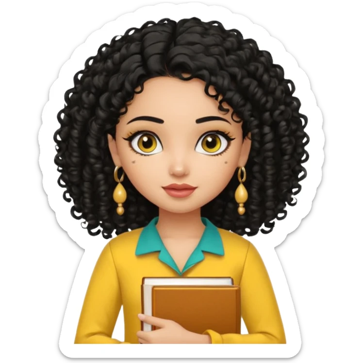 a pretty bratz girl with curly black hair wearing a yellow kurti, eyeliner, jhumkas, carrying books sticker
