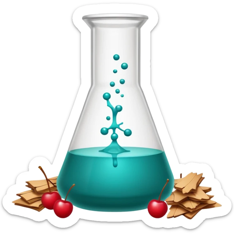 A science beaker filled with teal chemical, cherry slices, paper balls, and wood chips sticker