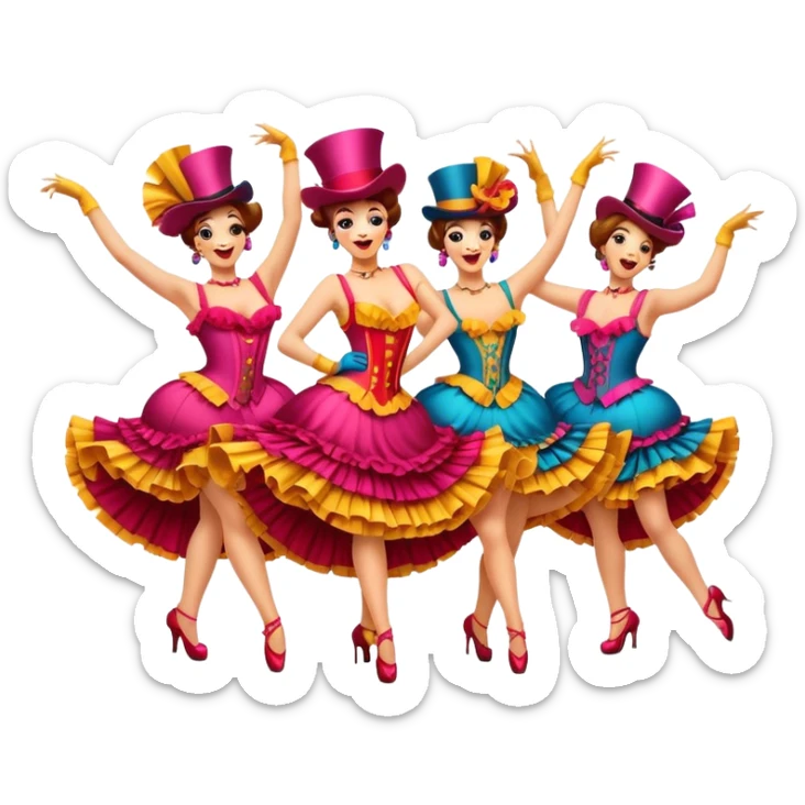 Cinematic Realistic Can-can Dance Emoji, depicted as a lively cabaret dance scene with flouncy costumes and dynamic energetic movement, rendered with vibrant textures and playful theatrical lighting that captures the spirit of French cabaret. sticker